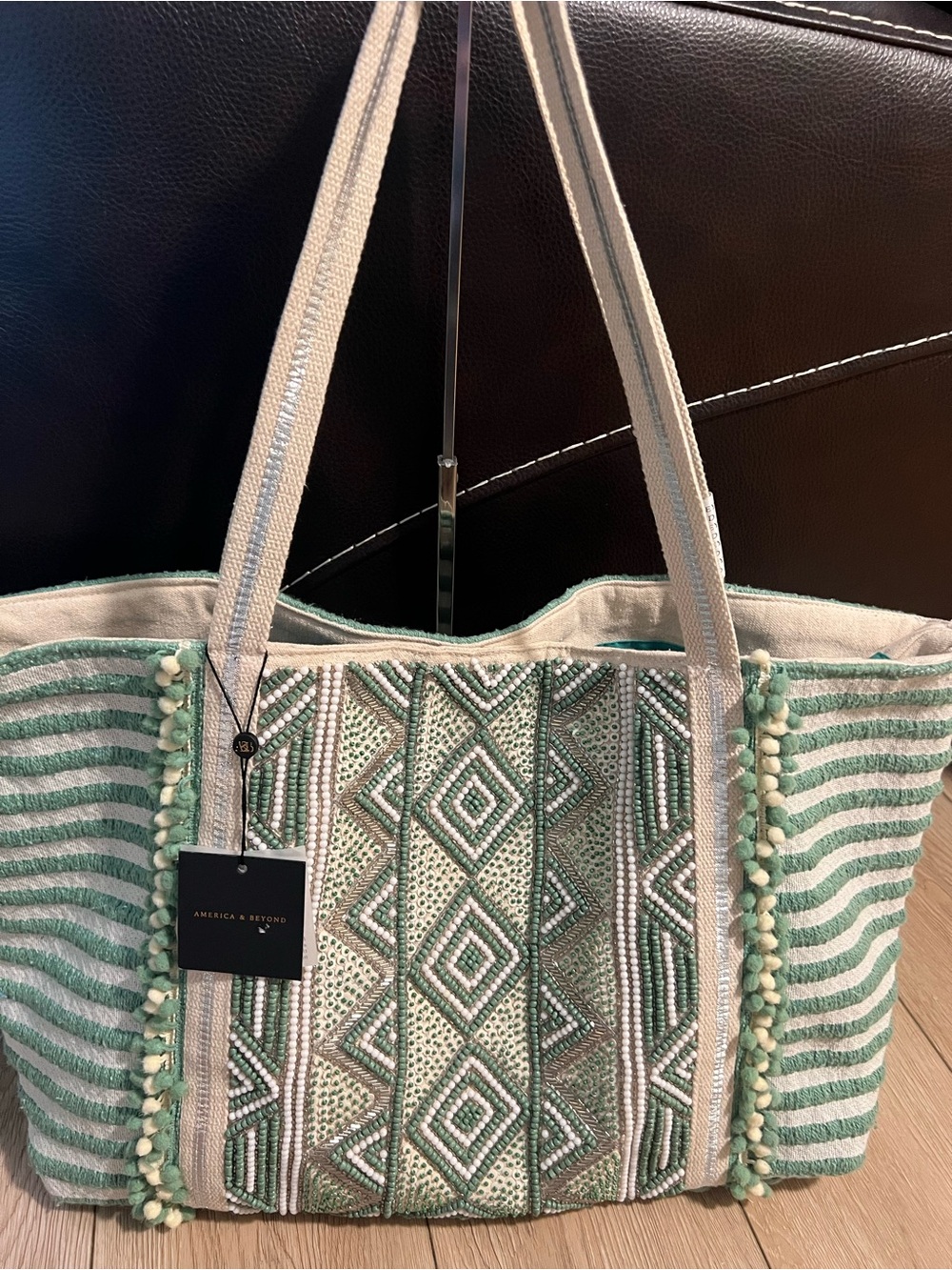 America & Beyond Mint Green Beaded Geometric Large Tote, NWT